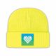 Cuffed knit cap in neon yellow with heart on ombre patch
